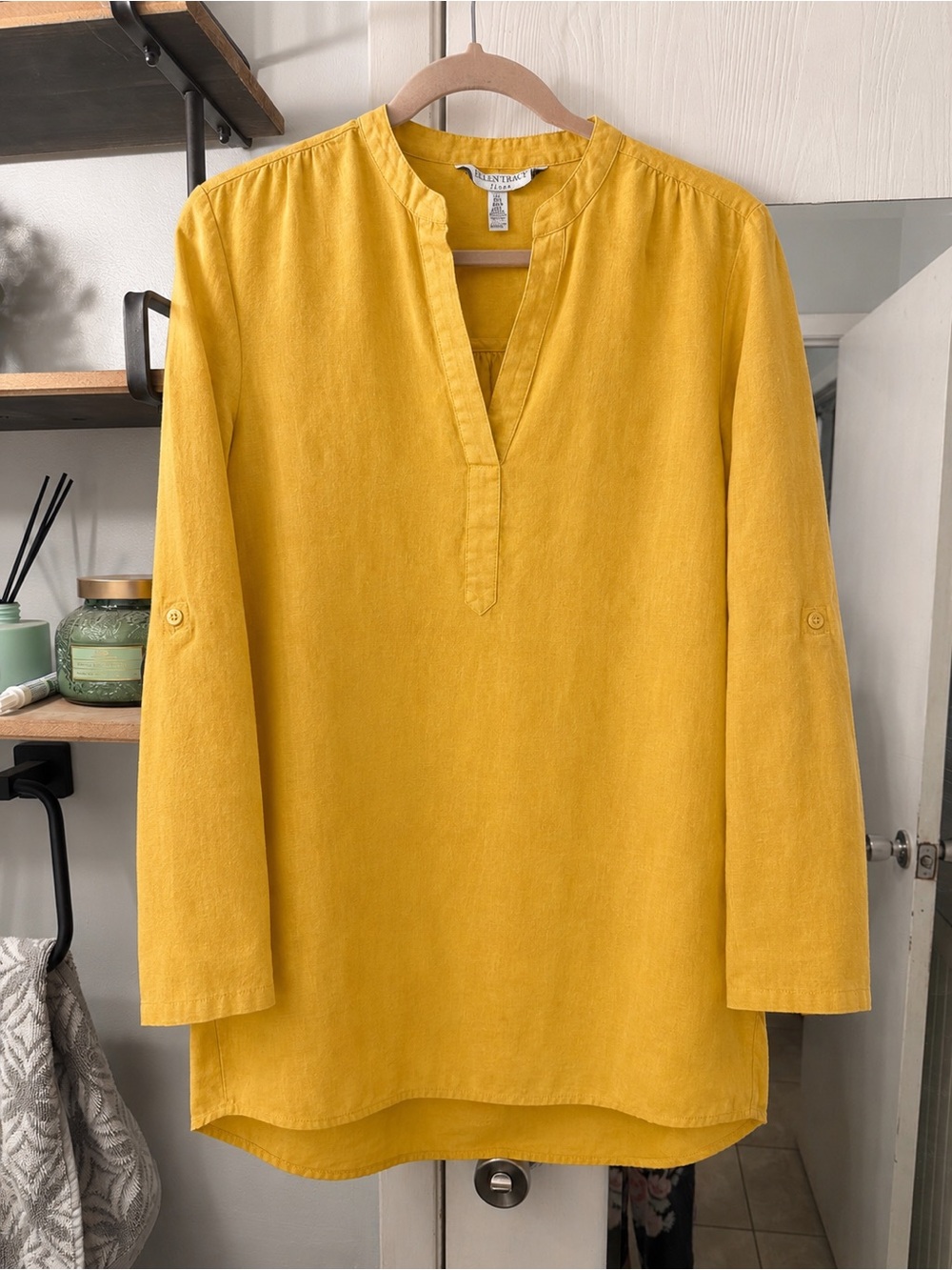 Ellen Tracy Linen Mustard Yellow Split-Neck Button-Down Shirt